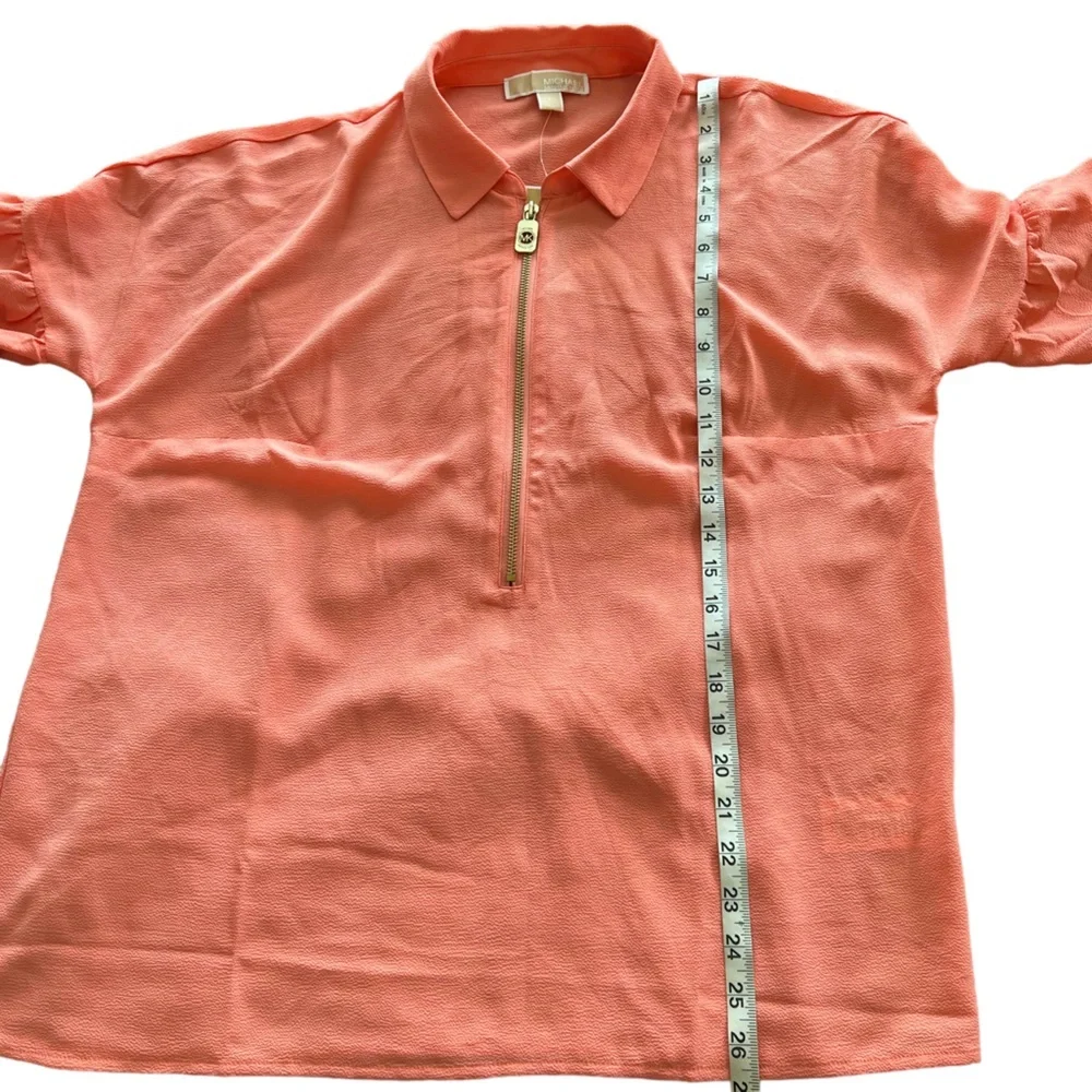 Michael Kors Grapefruit Pink Balloon Sleeve Zip Popover Blouse Business Casual L